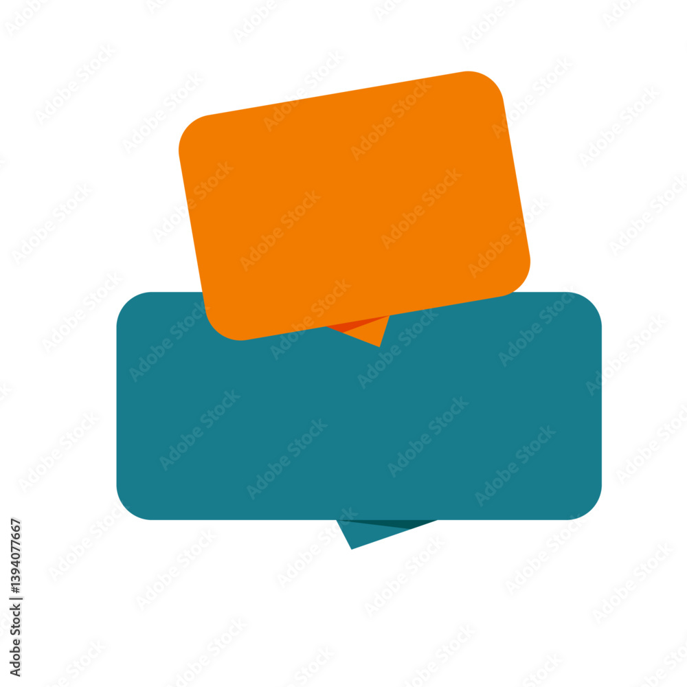 blank speech bubble icon with overlapping teal and orange rectangles, flat vector template for custom text or marketing message