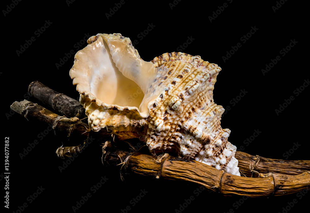 Giant Frog Snail on Branch: Textured Shell on Black Backdrop
