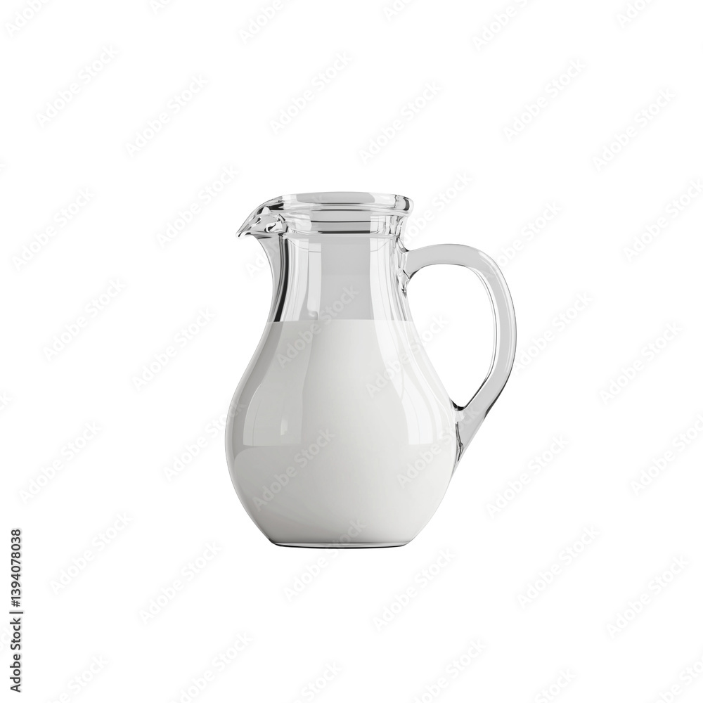 A clear glass jug containing white liquid, elegantly shaped with a handle, designed for serving. A clear glass jug containing white liquid, elegantly shaped with a handle, designed for serving.
