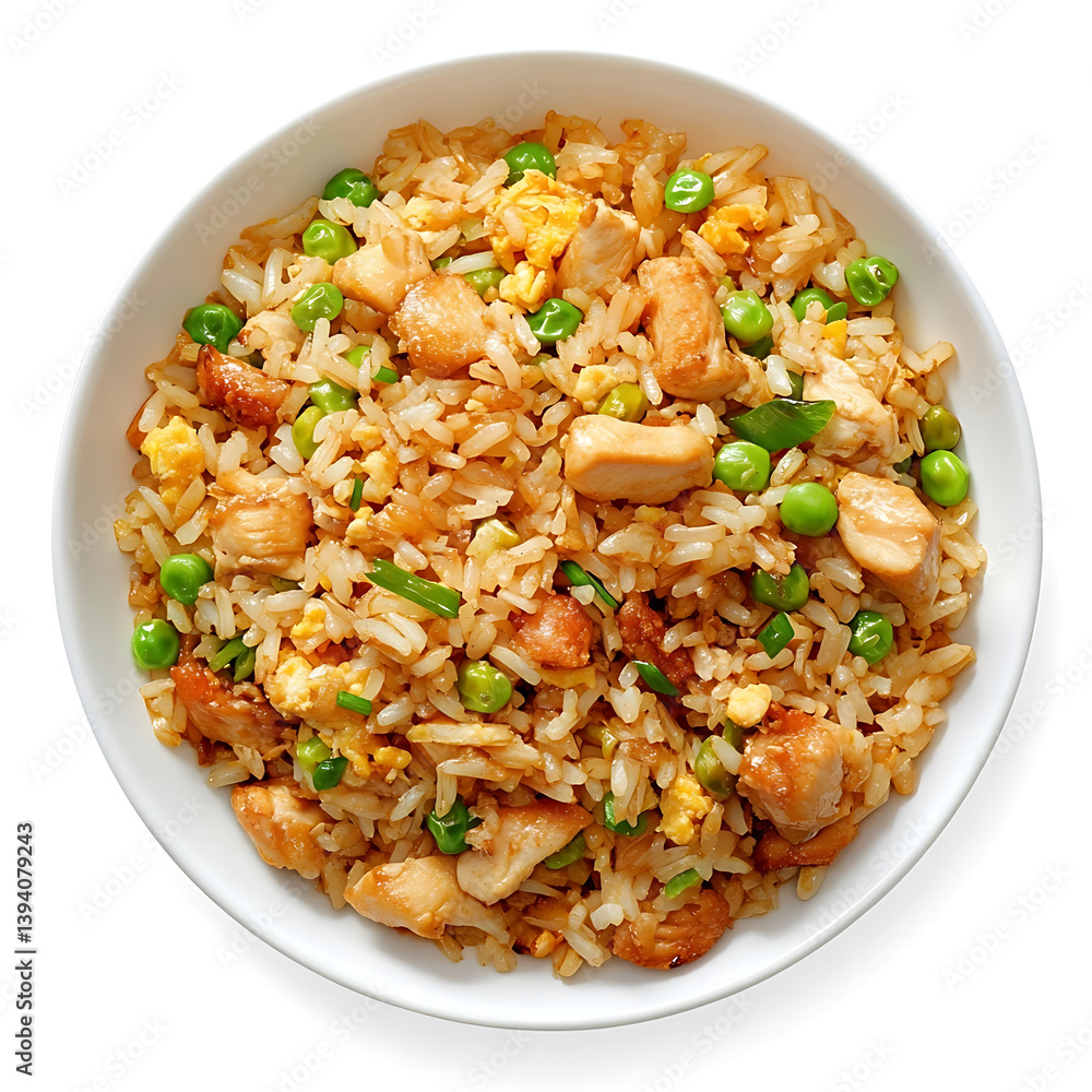 Golden and crispy chicken fried rice with perfectly seasoned rice and tender chicken pieces, isolated white background, modern art style Golden and crispy chicken fried rice with perfectly seasoned rice and tender chicken pieces, isolated white background, modern art style