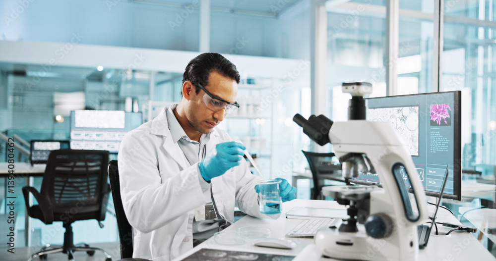Microscope, healthcare and beaker with man in laboratory for tissue sample, cancer research and science. Cell treatment, report and medical test with person in clinic for tumor enzyme and record Microscope, healthcare and beaker with man in laboratory for tissue sample, cancer research and science. Cell treatment, report and medical test with person in clinic for tumor enzyme and record