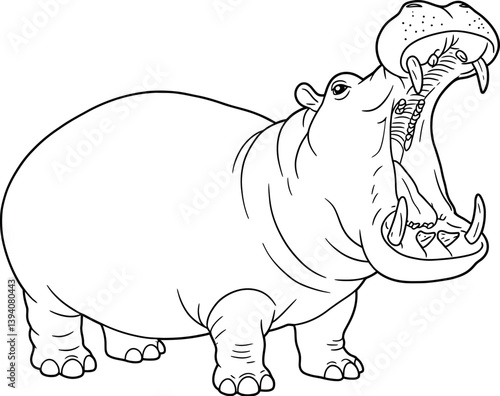 Yawning Hippo Coloring Sheet With Open Mouth Big Teeth Detail Printable Childrens River Animal Activity