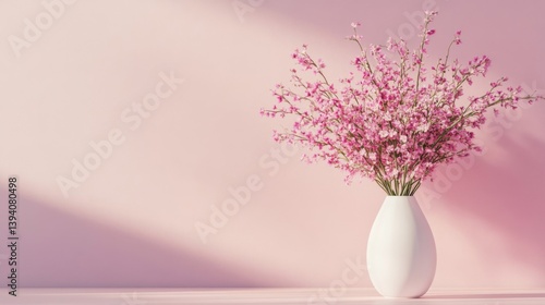 Pink Blossoms in White Vase Against Pink Wall in Soft Light for Home Decor