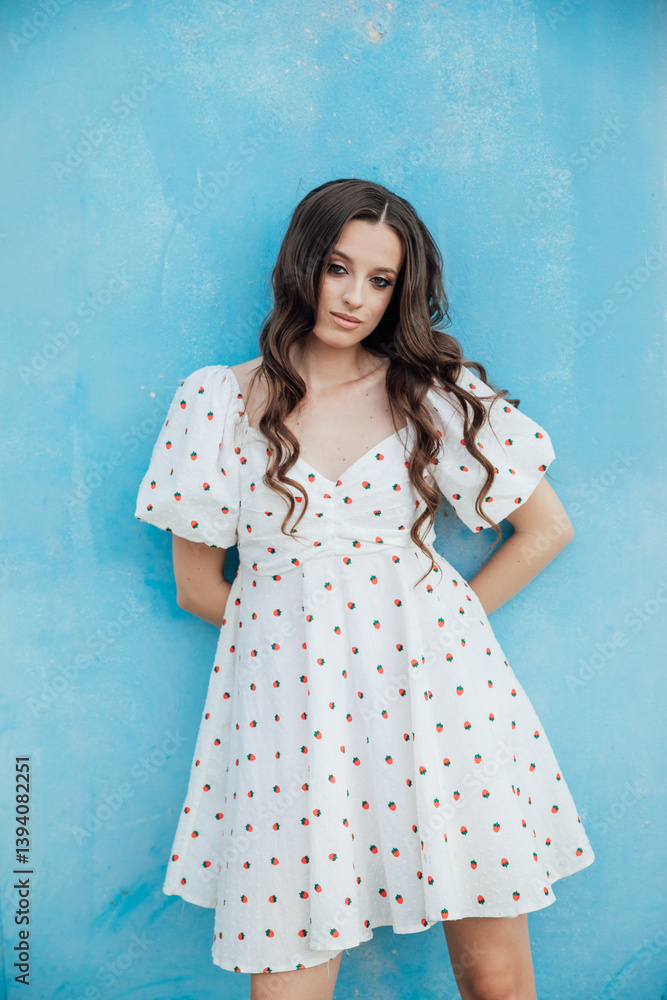 slim fashion brunette woman in summer white dress on blue background slim fashion brunette woman in summer white dress on blue background