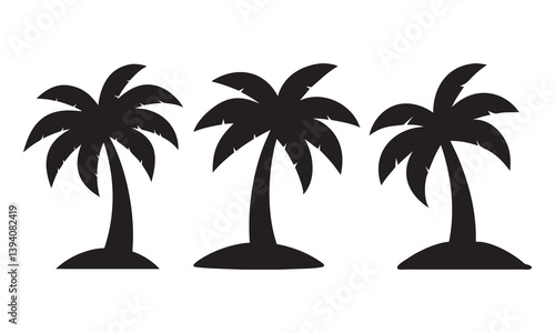 Three Silhouetted Palm Trees on White Background, Palm icons, logos,  Vector illustration