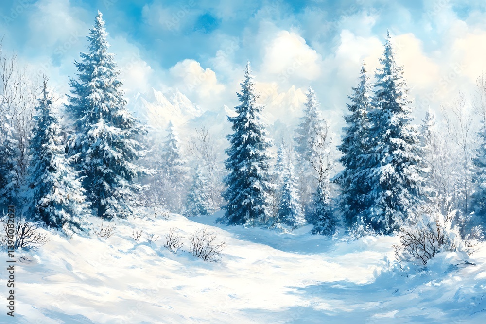 Naklejka premium Snowy Mountain Forest Scene