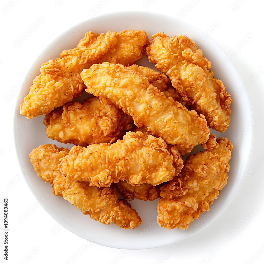Golden and crispy chicken tenders with a perfectly seasoned coating and tender chicken inside, isolated white background, hyperrealism art style Golden and crispy chicken tenders with a perfectly seasoned coating and tender chicken inside, isolated white background, hyperrealism art style