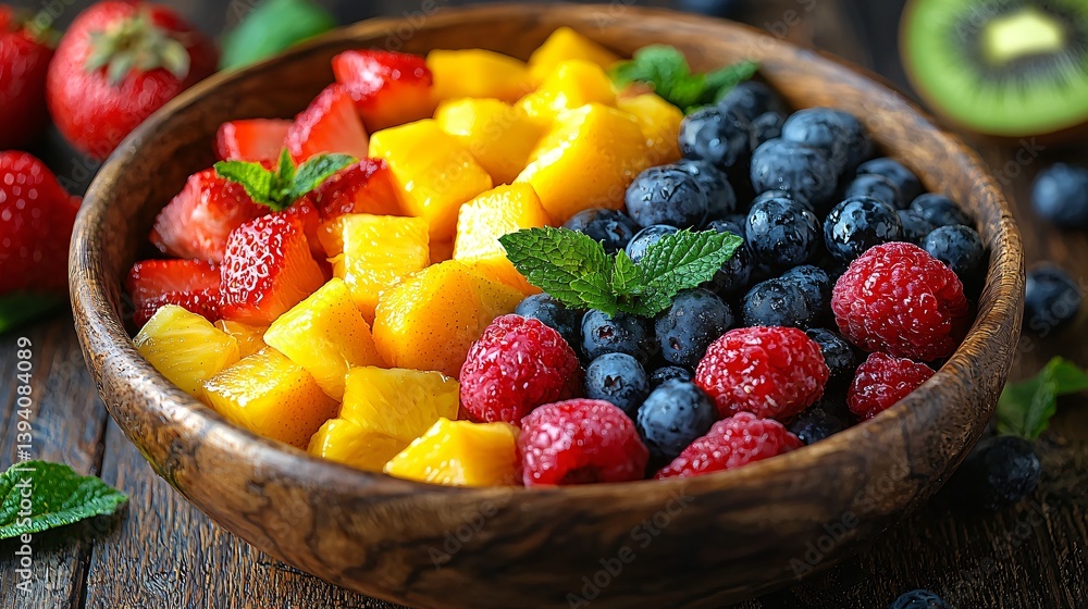 Fresh and Colorful Fruit Salad with Strawberries, Mango, Blueberries, Raspberries and Mint Leaves Fresh and Colorful Fruit Salad with Strawberries, Mango, Blueberries, Raspberries and Mint Leaves