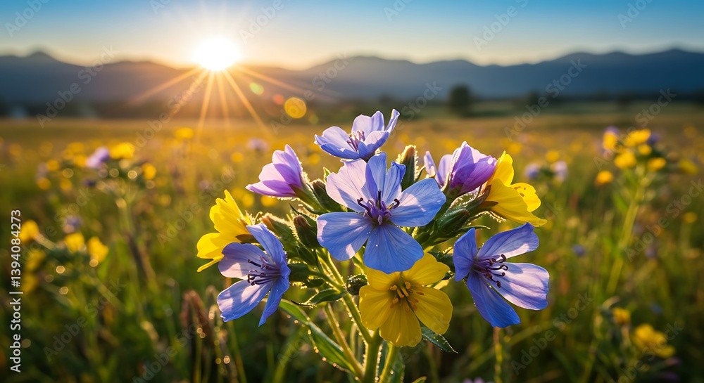 Fototapeta premium Sunset Sereneity: Vibrant Wildflowers in a Mountain Meadow
