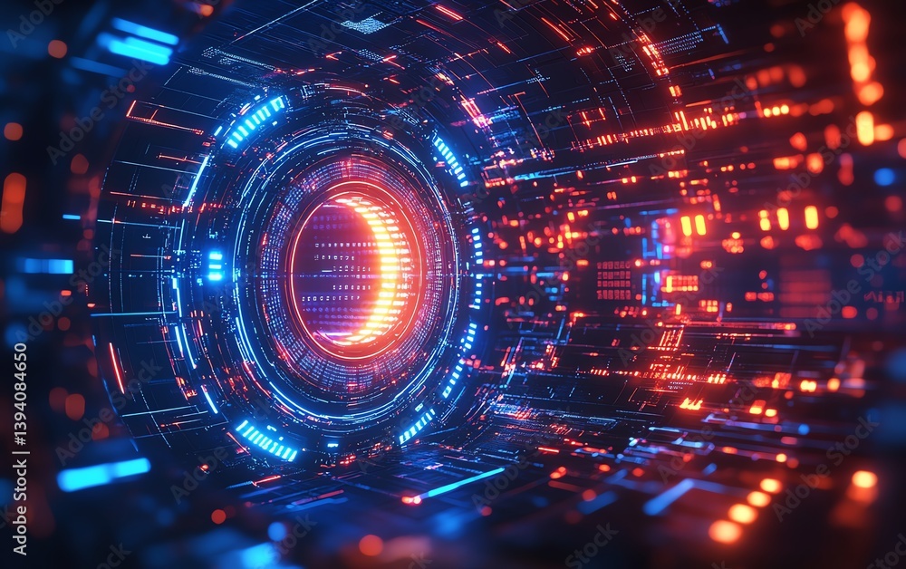 Obraz premium Futuristic cybersecurity shield with intricate digital circuits and vibrant energy flow, glowing neon patterns, advanced technology defense concept, sleek modern design