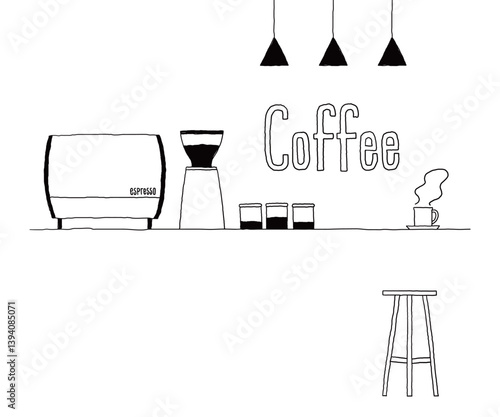 カフェカウンターとコーヒーのシンプルな線画イラスト