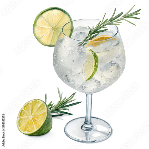 Gin and Tonic with Lime and Rosemary Transparent PNG Isolated on White Background