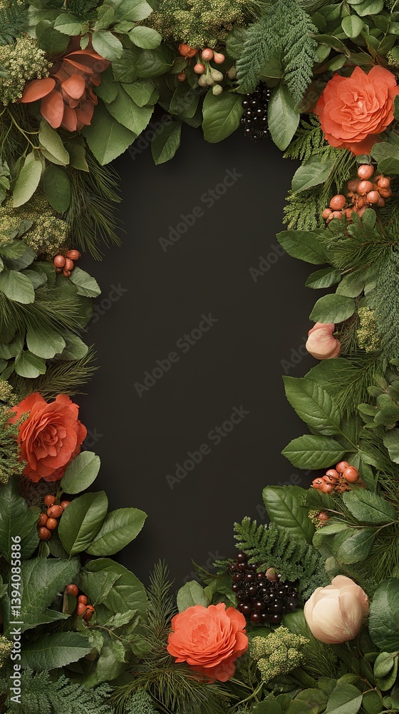 An elegant floral wreath frame, lush greenery surrounds a central dark space. The wreath, abundant with colorful roses, berries, and verdant leaves, creates an aesthetic and symbolic framing.