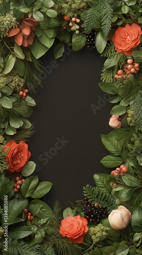 Obraz na płótnie An elegant floral wreath frame, lush greenery surrounds a central dark space. The wreath, abundant with colorful roses, berries, and verdant leaves, creates an aesthetic and symbolic framing. w salonie