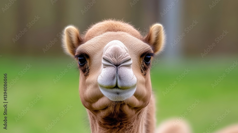 Obraz premium Close-up of a camel's head, looking directly at the viewer. Camel's soft, light-brown fur, prominent nose, and large dark eyes. Out-of-focus green background