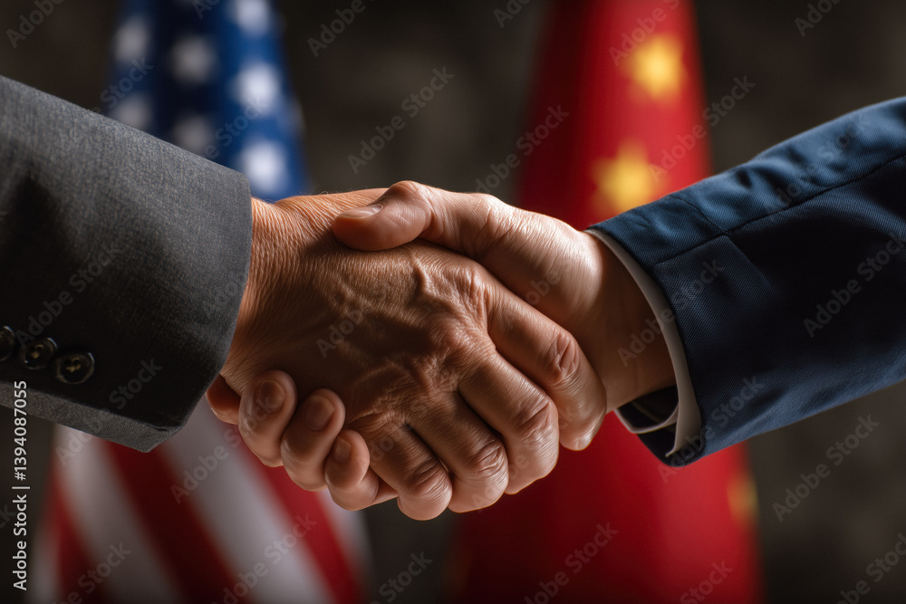 Two businessmen are shaking hands in front of the flags of the United States of America and China.