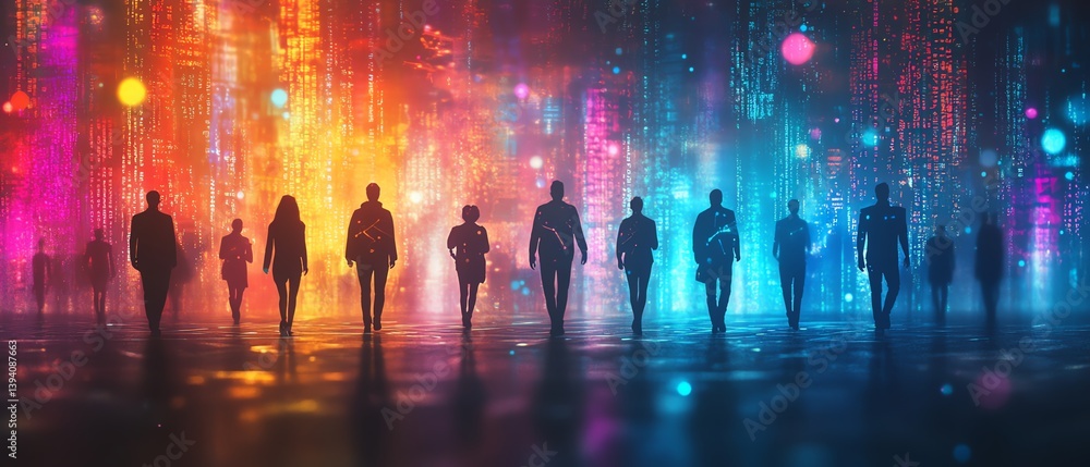 Obraz premium Silhouetted people aligned in a row against a vibrant neon digital background