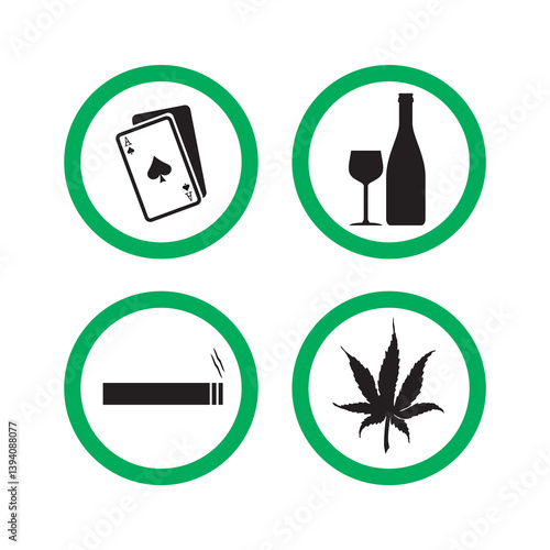 Alcohol, cannabis, gamble and tobacco in green circles. Allowed unhealthy lifestyle and bad habits. Permission for bad habits, zones for casino work, drinking and soft drugs.