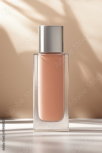 An elegantly designed perfume bottle, reflecting modern minimalism, features a luxurious metallic cap and a subtle, inviting liquid color. The shadows and light add a touch of refinement.