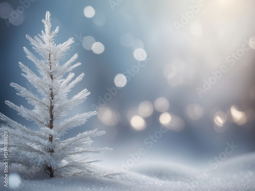 christmas tree with snow, winter background with softly blurred icy blue and silver bokeh