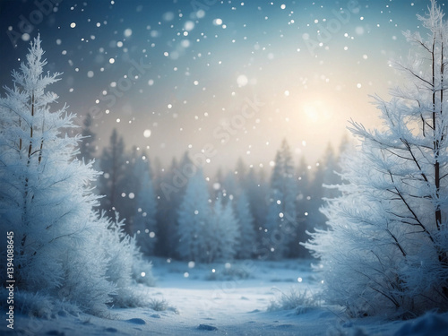 winter landscape with trees and snow, winter scene with shimmering icy blue and silver bokeh