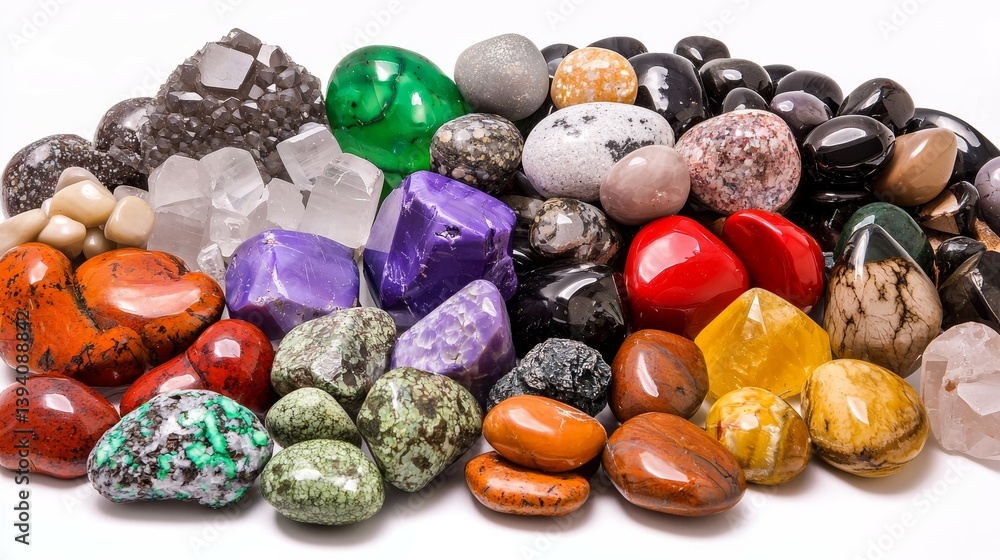 Colorful Gemstone Collection Tumbled Stones and Crystals on White, Minerals , Healing Colorful Gemstone Collection Tumbled Stones and Crystals on White, Minerals , Healing