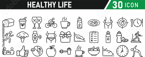Set of healthy life icons, fitness, gym, workout, food