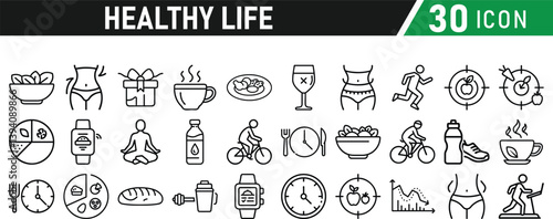 Set of healthy life icons, fitness, gym, workout, food