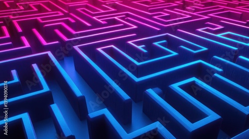 3D render of a glowing neon blue and pink maze background