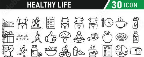 Set of healthy life icons, fitness, gym, workout, food