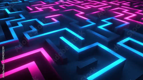 3D render of a glowing neon blue and pink maze background