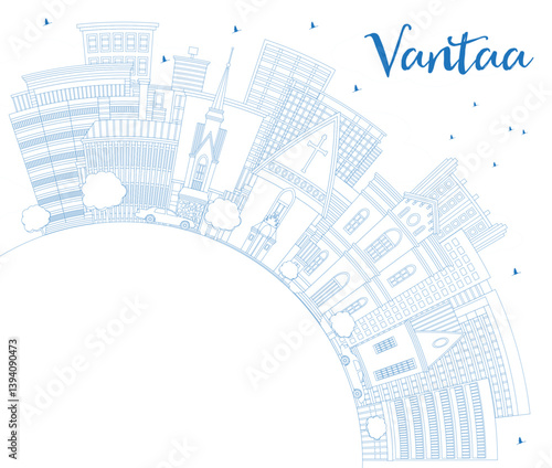 Outline Vantaa Finland city skyline with blue buildings and copy space. Vantaa cityscape with landmarks. Business travel and tourism concept with modern and historic architecture.