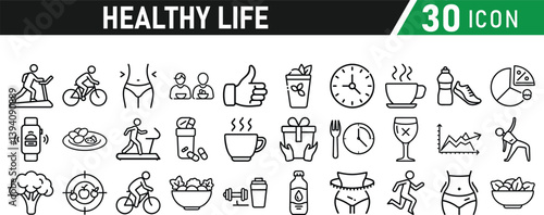 Set of healthy life icons, fitness, gym, workout, food