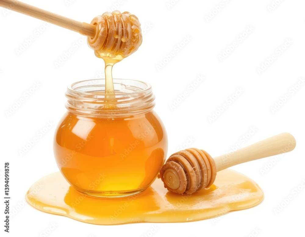 Pouring Honey From Dipper Into Jar with Honey Drizzling Down Pouring Honey From Dipper Into Jar with Honey Drizzling Down