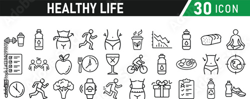 Set of healthy life icons, fitness, gym, workout, food