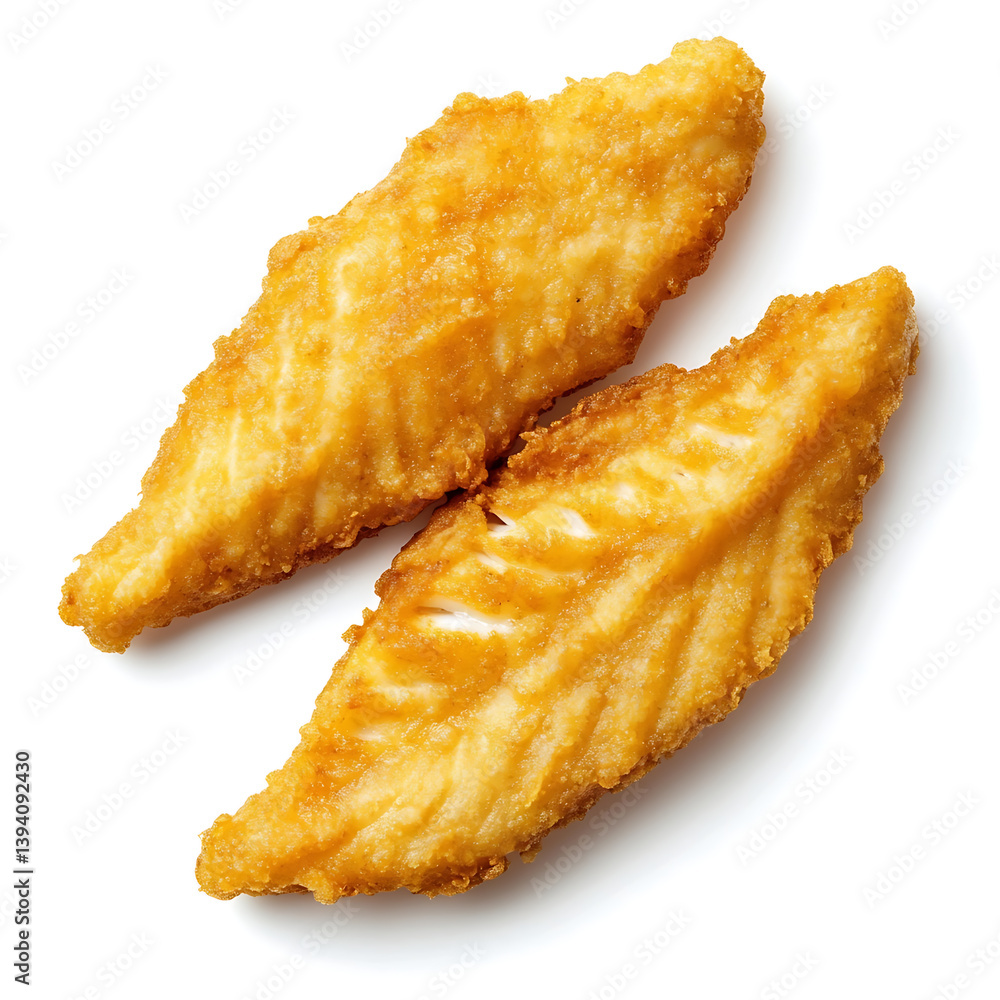 Golden and crispy fish fillets with a perfectly fried exterior and tender fish inside, isolated white background, modern art style Golden and crispy fish fillets with a perfectly fried exterior and tender fish inside, isolated white background, modern art style
