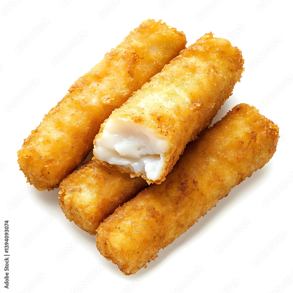 Golden and crispy fish sticks with a perfectly seasoned batter and flaky fish inside, isolated white background, modern art style Golden and crispy fish sticks with a perfectly seasoned batter and flaky fish inside, isolated white background, modern art style