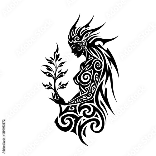 Wallpaper Mural Woman with Floral Design Nurturing Nature in Tribal Art Style   Torontodigital.ca