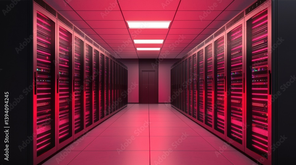 Fototapeta premium Futuristic server room with glowing lights, cables, and rows of data storage equipment in a modern facility