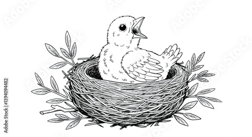Caged Songbird Sketch: A delicate sketch portrays a fledgling bird, nestled comfortably in its woven nest, beaks open wide, expressing its hopeful melodies and eager for food.
