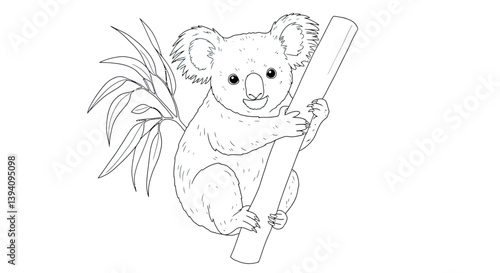 Cute Baby Koala Joey Clinging Securely to Eucalyptus Tree Branch Surrounded by Fresh Green Leaves Australian Wildlife