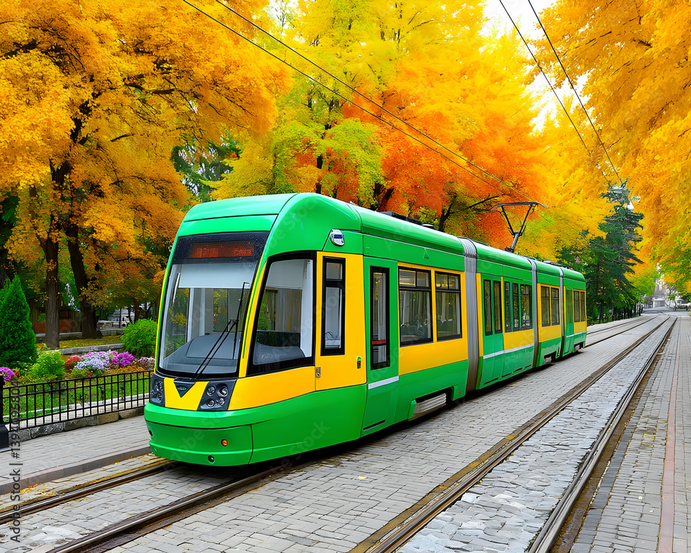 Naklejka premium Modern green and yellow tram traveling along autumnal tree-lined street