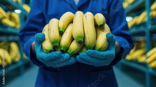 Worker in Blue Coat Holds Fresh Bananas in Warehouse Full of Yellow Fruit Ready for Distribution