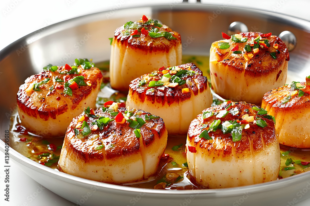 Seared scallops in a pan with herbs and chili flakes