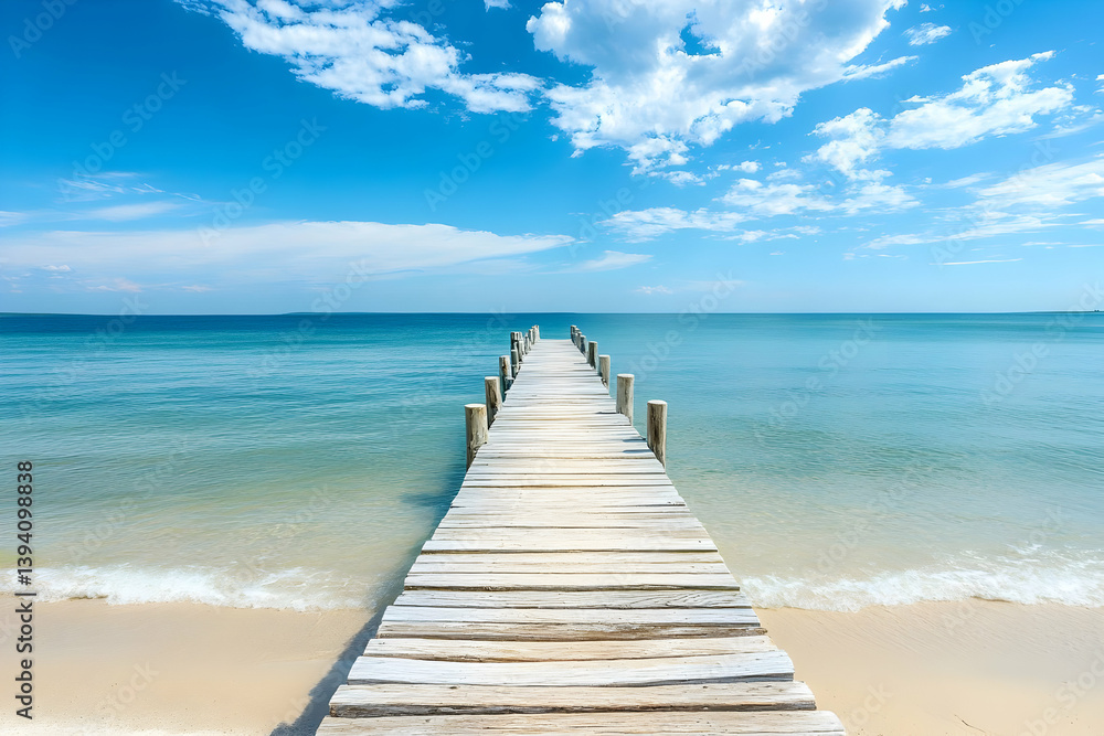 Fototapeta premium Tranquil wooden pier extending into a serene azure ocean under a vast, cloud-filled sky.