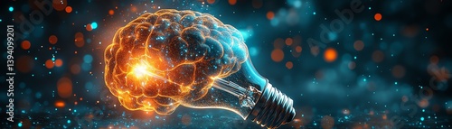 Generative AI illustration of a glowing brain and light bulb, symbolizing creative ideas and innovation, dark background with bright accents, futuristic digital art