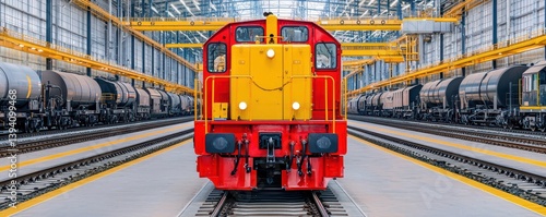 Chief engineer consult with team concept. Industrial train in a workshop environment with trains lined up on tracks.