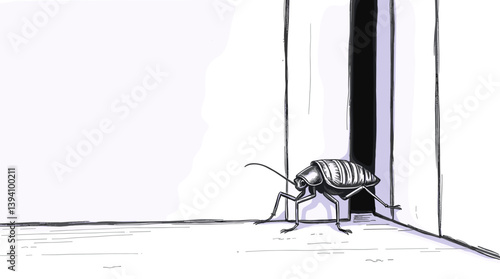 Cartoon cockroach sneaking through a gap, symbolizing adaptability and unwanted presence with copy space