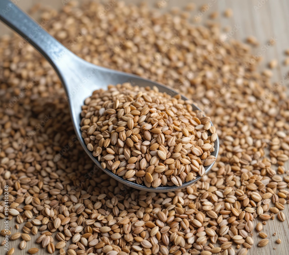 Obraz premium Spoonful of Barley Grains Close Up on Wooden Background for Food Photography