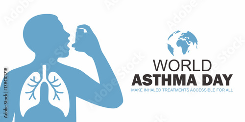 World asthma day. Vector illustration of World Asthma Day awareness poster with man using an inhaler, lung icon and globe background.